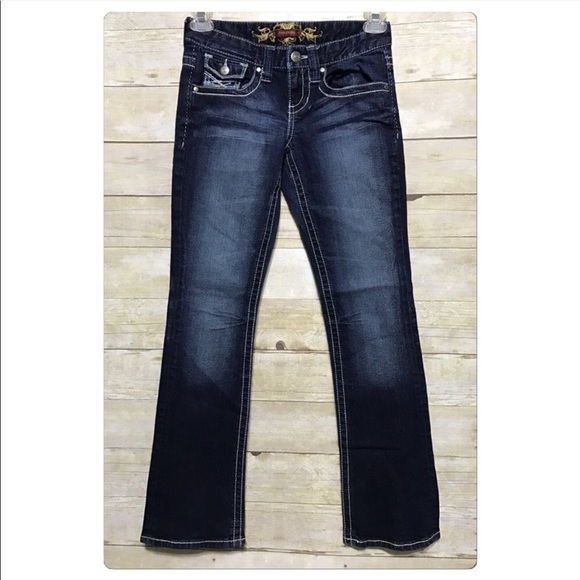 Maurices Boot Cut Dark Wash Flap Pocket Jeans Jr Size 1/2 - Picture 2 of 5